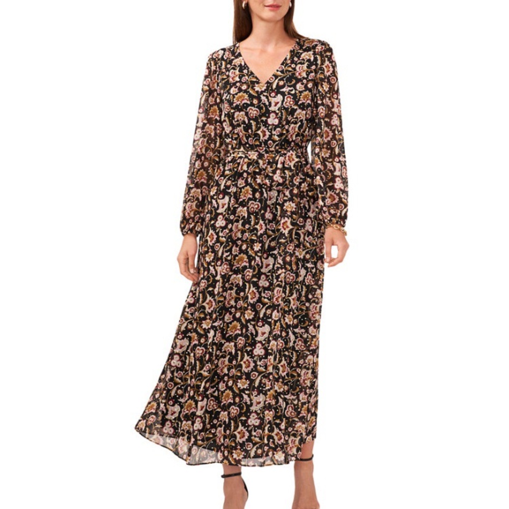 MSK V-Neck Belted Long-Sleeve Chiffon Maxi Dress, floral print on black, L